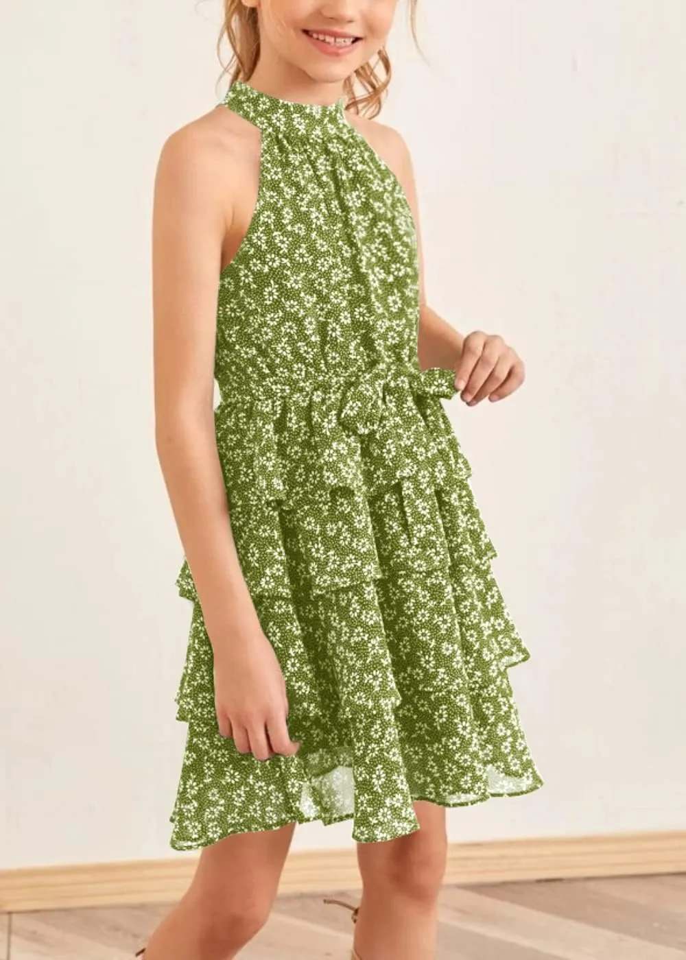 Imily Bela Girls Floral Ruffle Dress Halter Neck Kids Chiffon Summer Party Dress with Belt