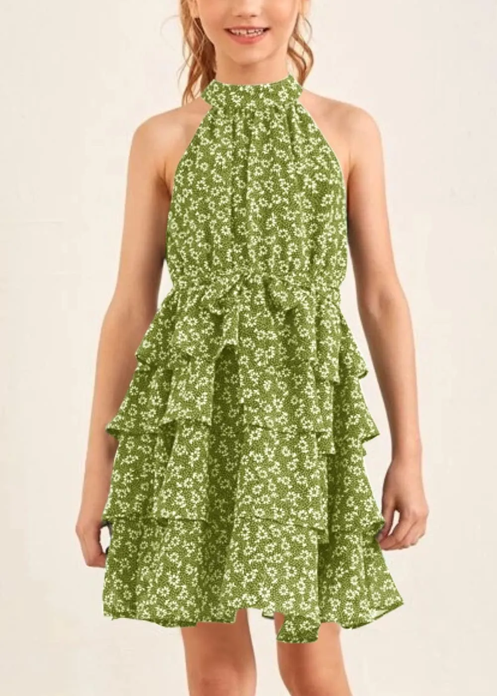 Imily Bela Girls Floral Ruffle Dress Halter Neck Kids Chiffon Summer Party Dress with Belt