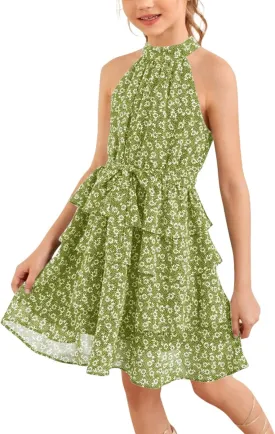 Imily Bela Girls Floral Ruffle Dress Halter Neck Kids Chiffon Summer Party Dress with Belt