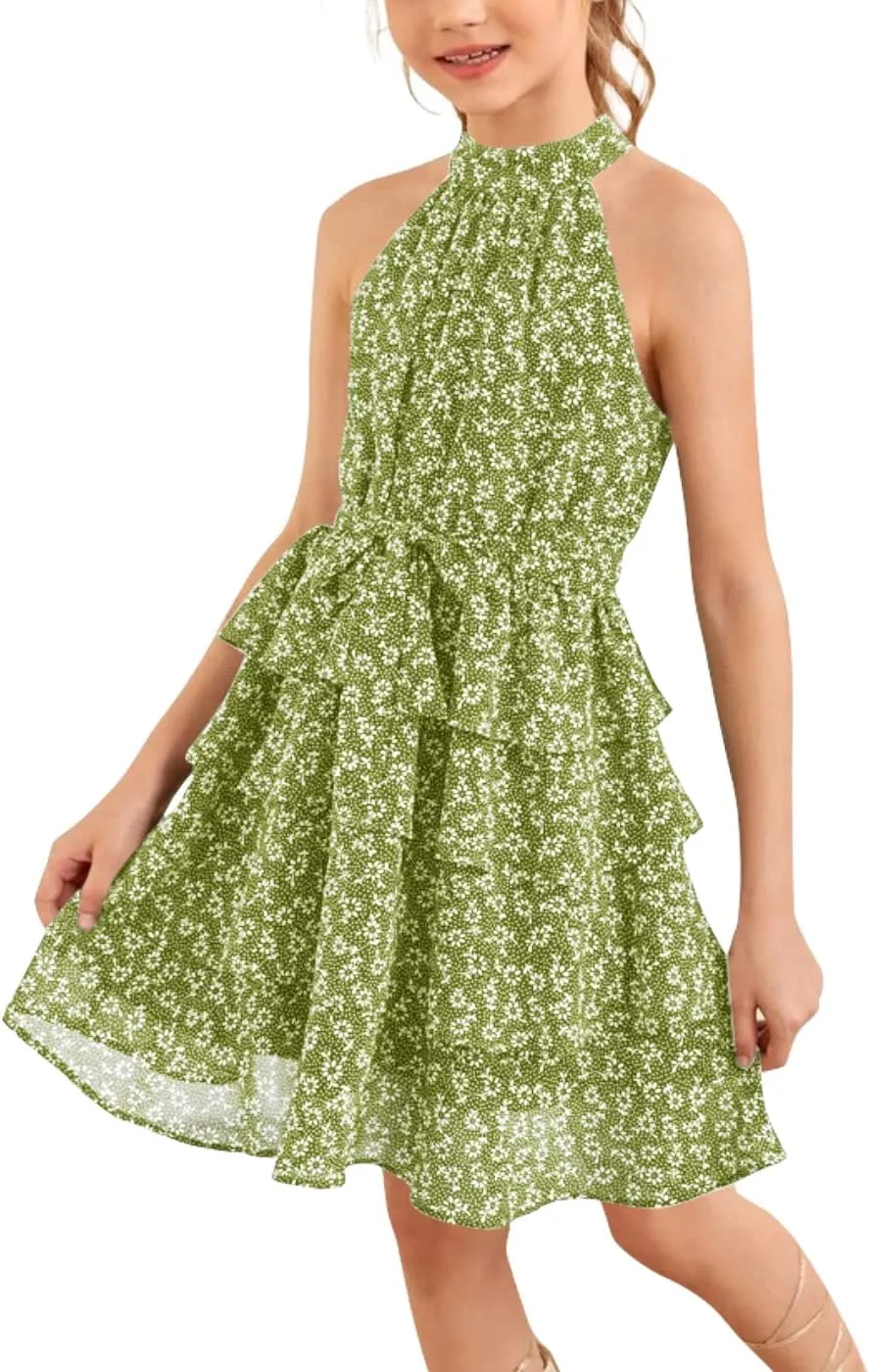 Imily Bela Girls Floral Ruffle Dress Halter Neck Kids Chiffon Summer Party Dress with Belt