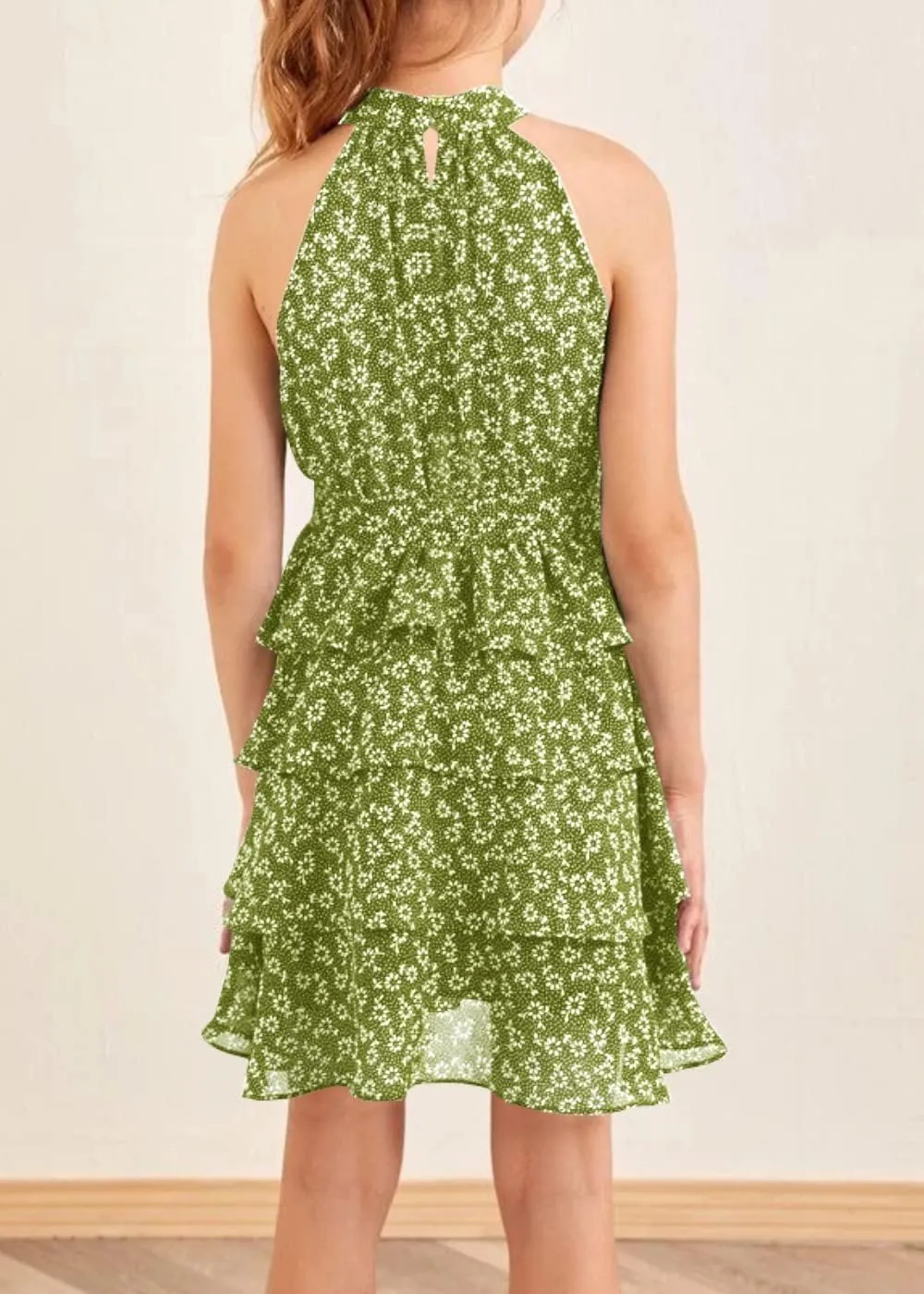 Imily Bela Girls Floral Ruffle Dress Halter Neck Kids Chiffon Summer Party Dress with Belt