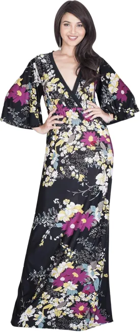 KOH KOH Womens 2025 Long 3/4 Sleeve V Neck Bohemian Print Flowy Maxi Dress Gown