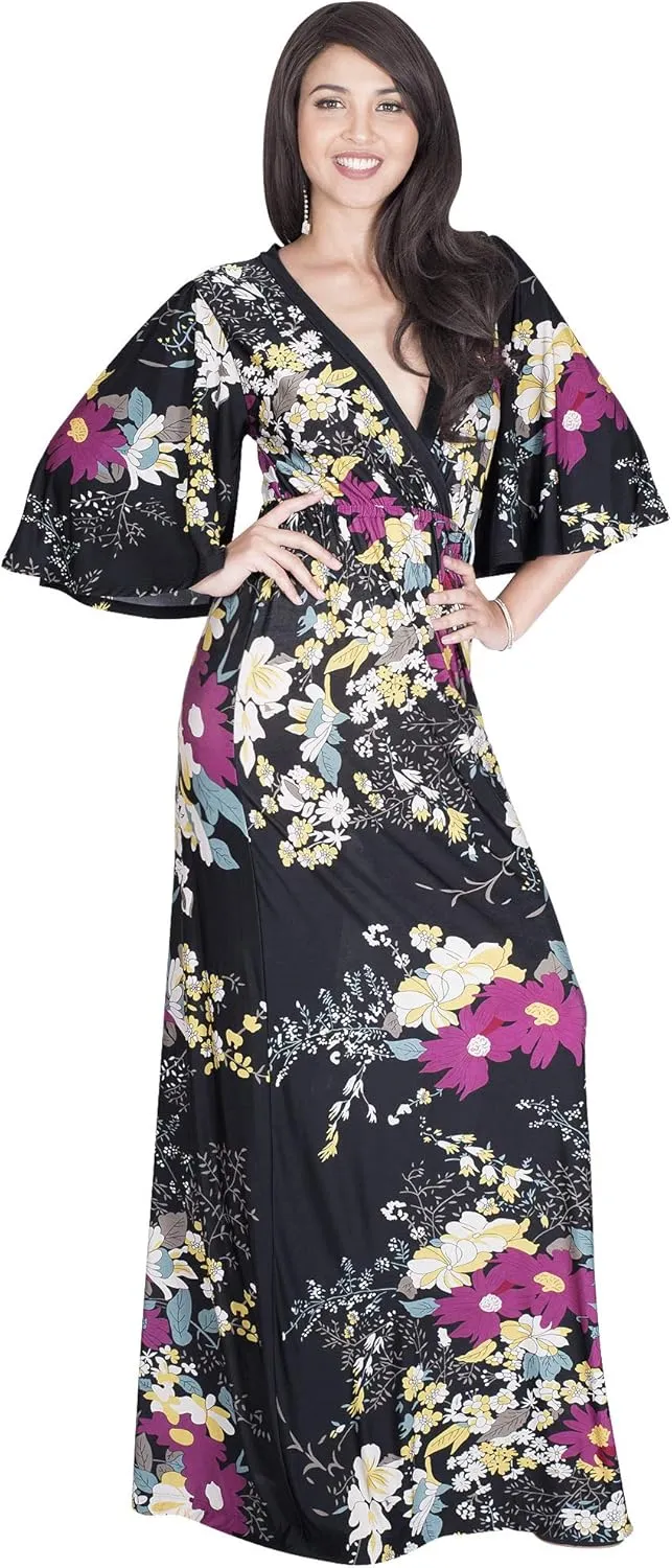KOH KOH Womens 2025 Long 3/4 Sleeve V Neck Bohemian Print Flowy Maxi Dress Gown
