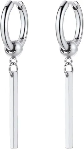 Long Bar Drop Earrings for Men Women, Punk Jewelry, Black/Gold Plated Stainless Steel, Hypoallergenic for Sensitive Ears, Come Box