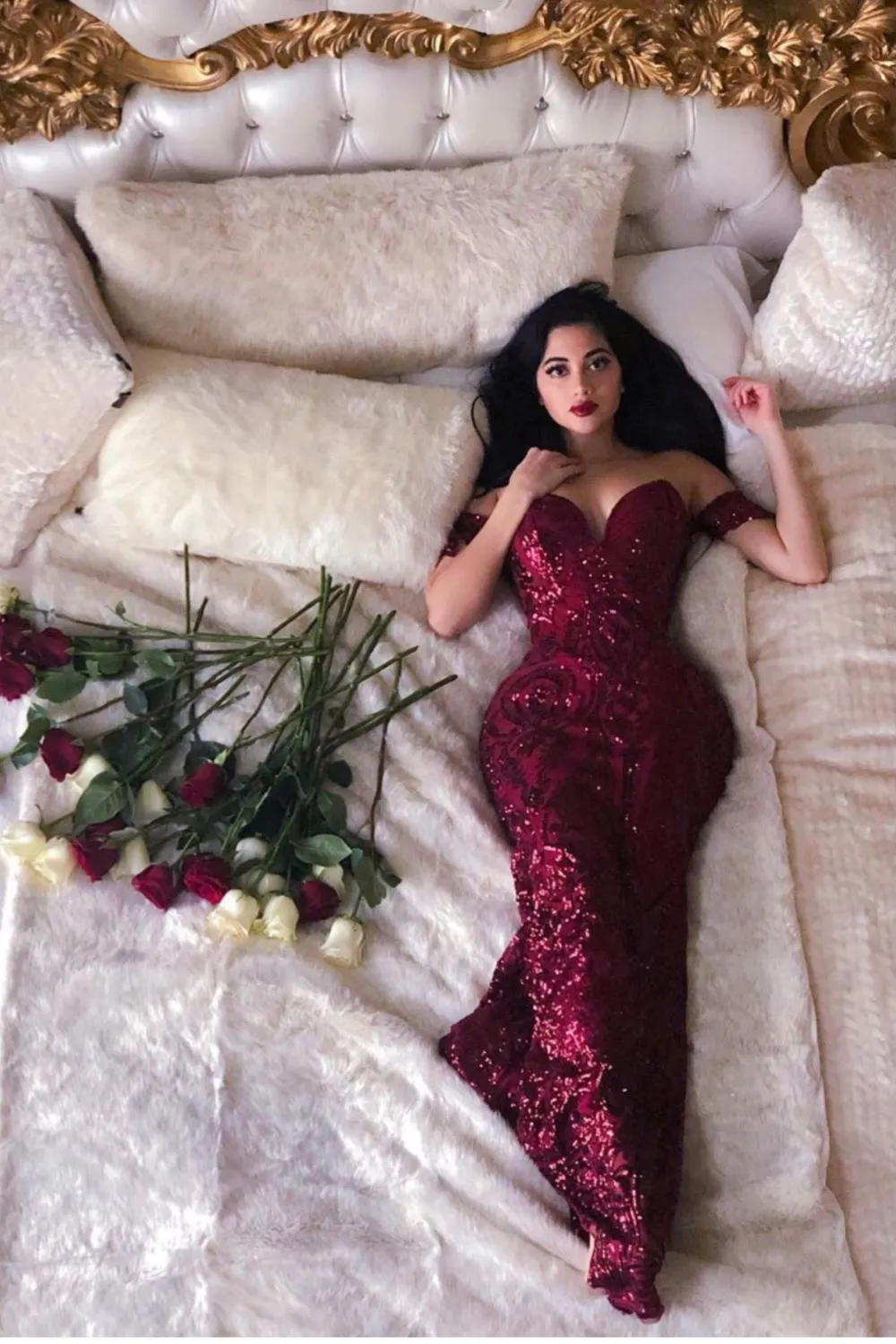 Lovestruck Berry Luxe Sweetheart Off Shoulder Sequin Fishtail Dress