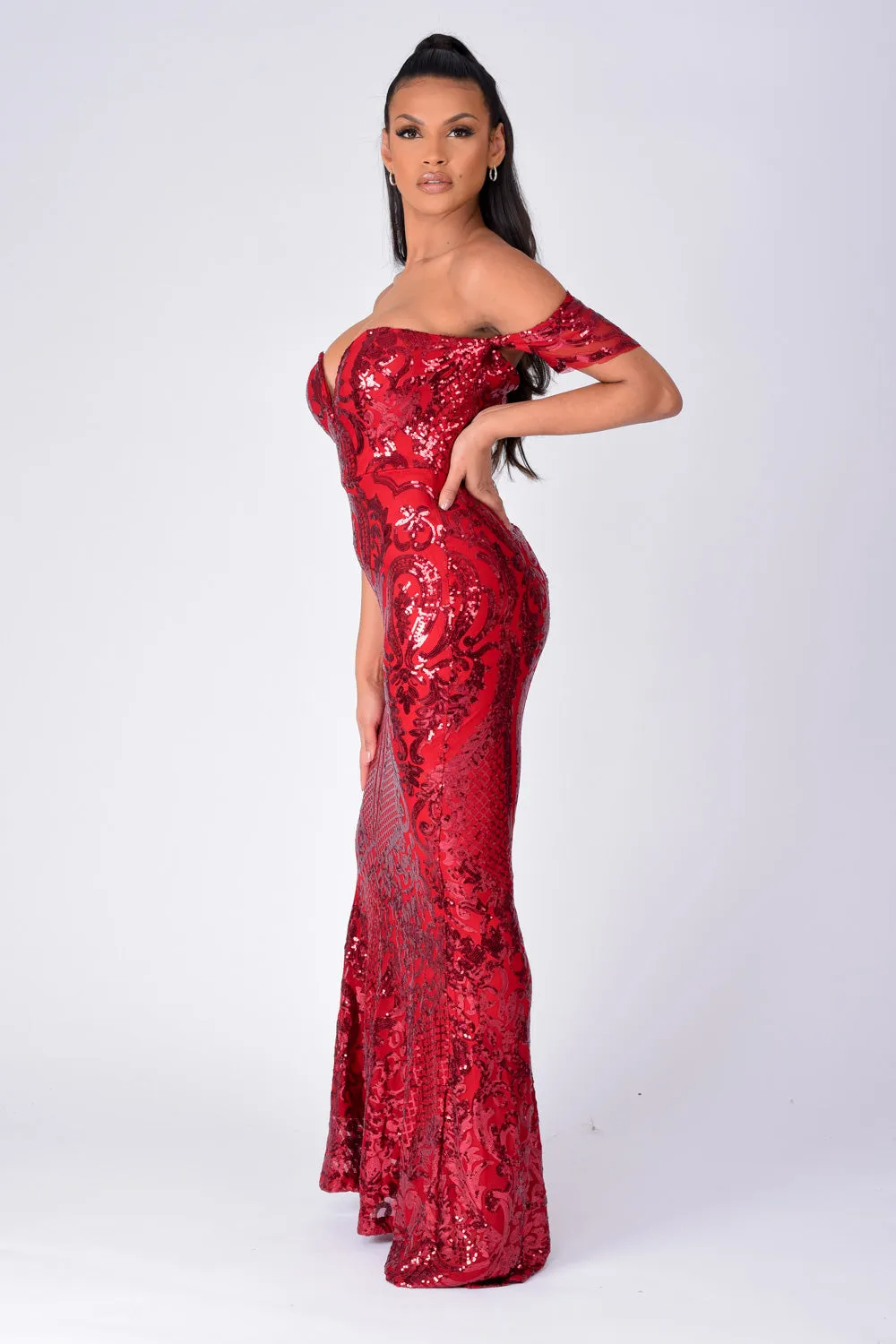 Lovestruck Berry Luxe Sweetheart Off Shoulder Sequin Fishtail Dress
