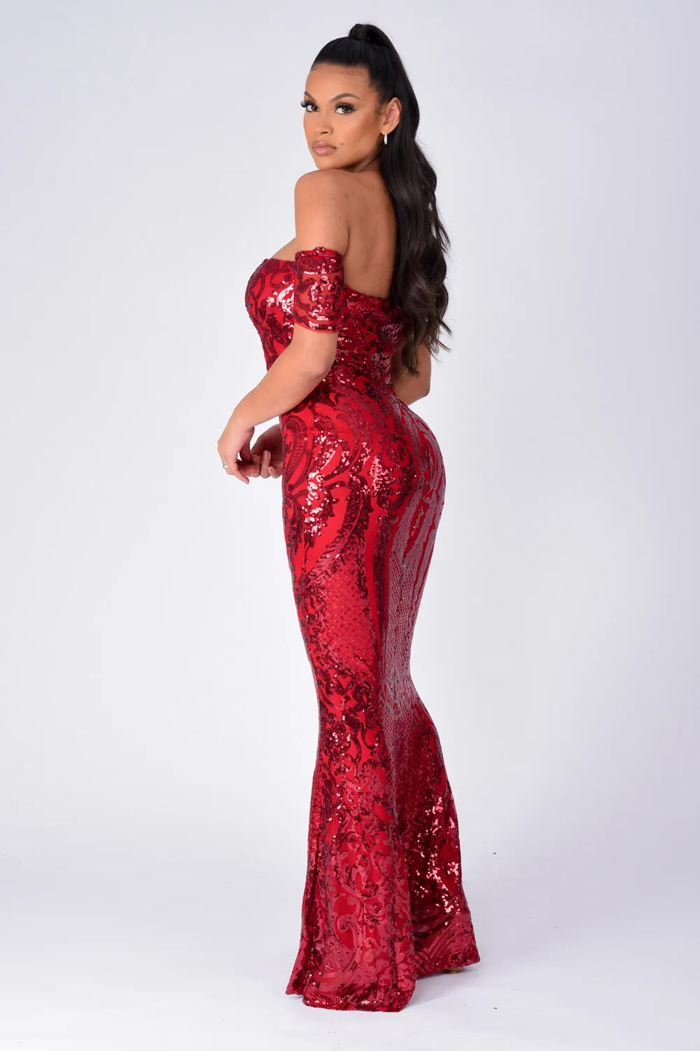 Lovestruck Berry Luxe Sweetheart Off Shoulder Sequin Fishtail Dress