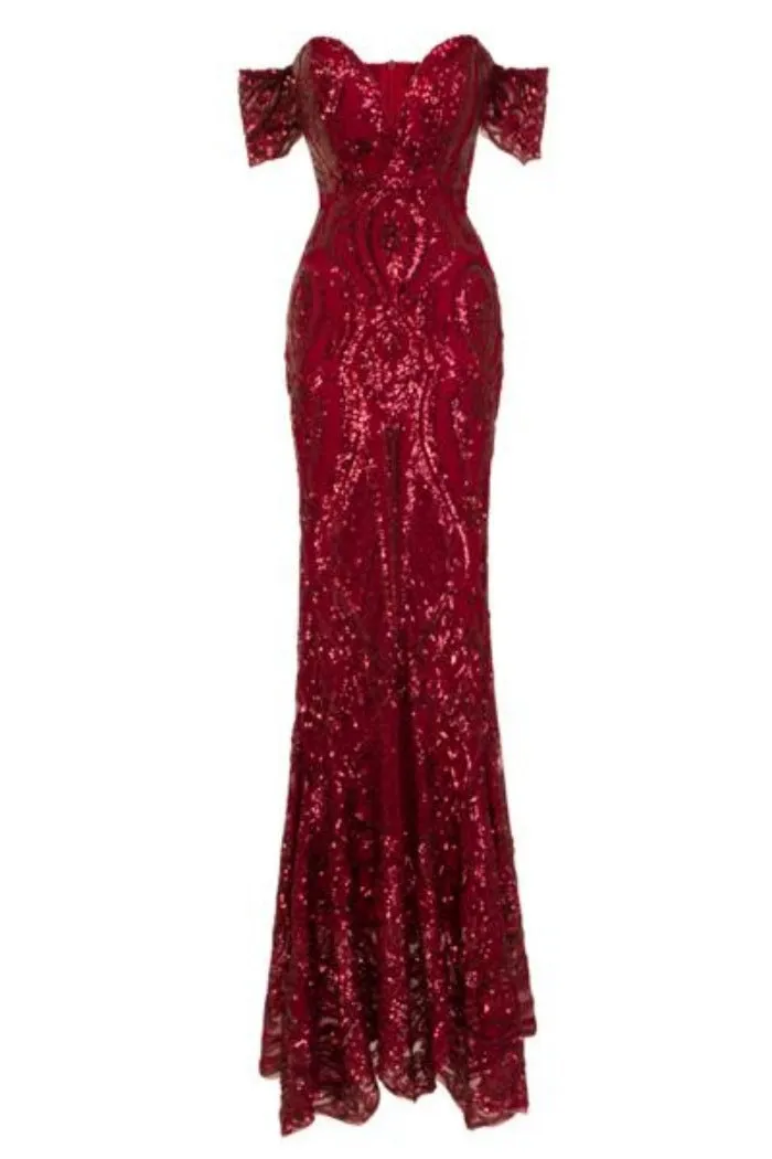 Lovestruck Berry Luxe Sweetheart Off Shoulder Sequin Fishtail Dress