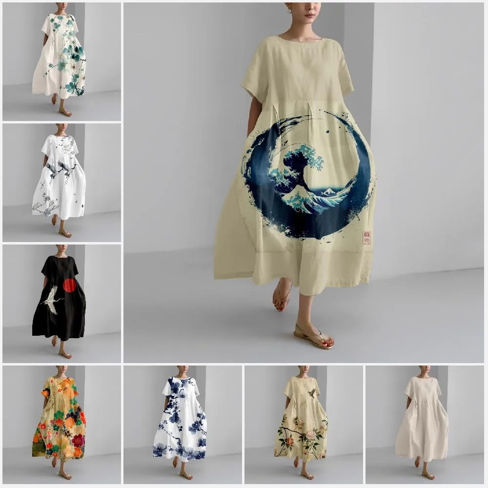 MARSVOVO Boho Maxi Dress for Women Plus Size Flowy Japanese Floral Print Casual Dresses