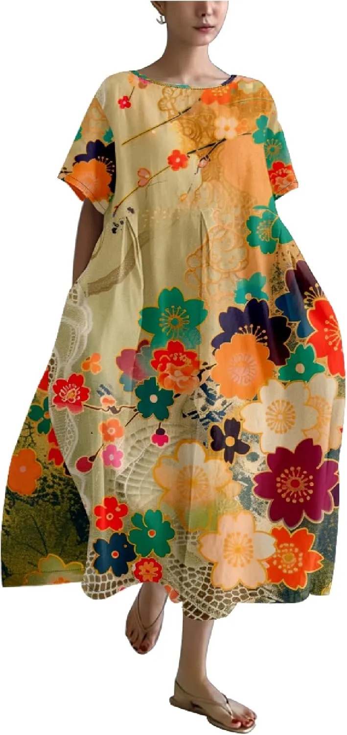 MARSVOVO Boho Maxi Dress for Women Plus Size Flowy Japanese Floral Print Casual Dresses