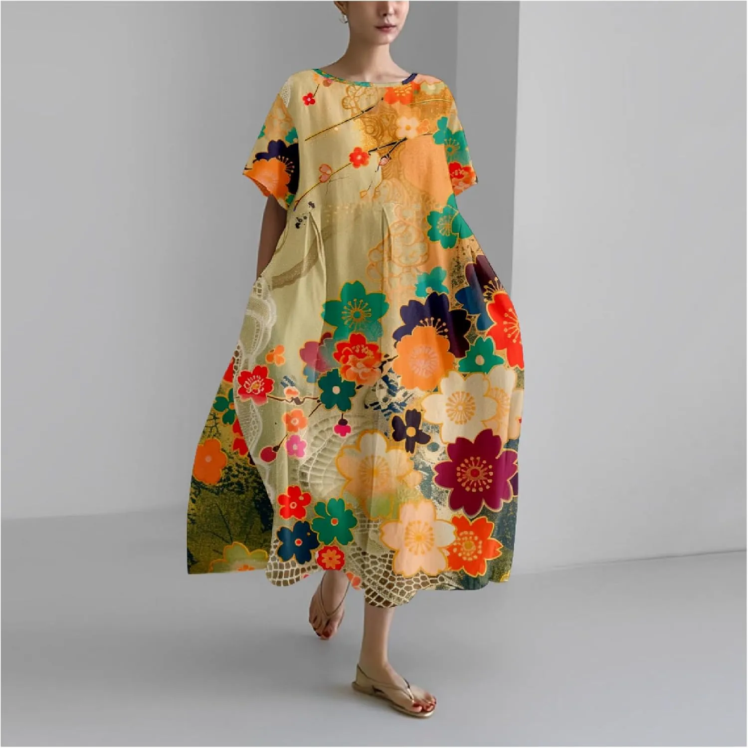 MARSVOVO Boho Maxi Dress for Women Plus Size Flowy Japanese Floral Print Casual Dresses