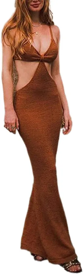 Meihuida Women Cut Out Dress Y2k Summer Sexy Halter Neck Sleeveless Backless Knitted Bodycon Cutout Dress