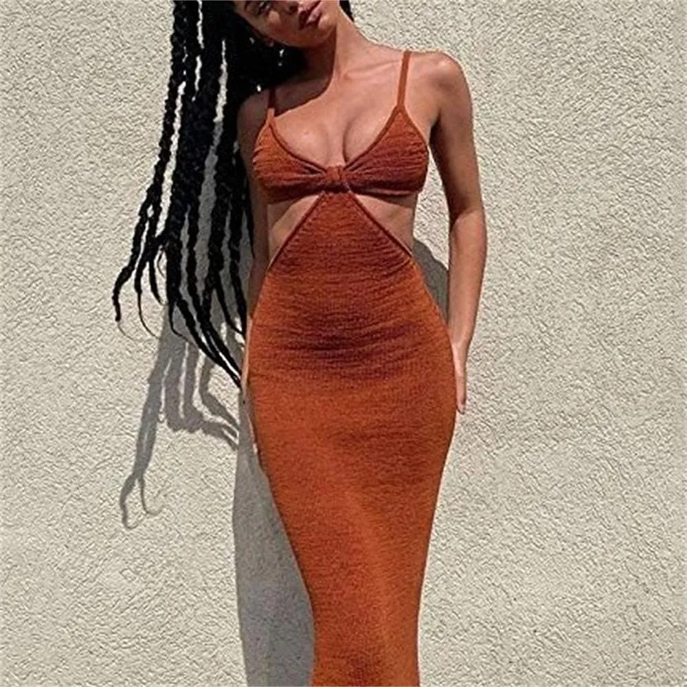Meihuida Women Cut Out Dress Y2k Summer Sexy Halter Neck Sleeveless Backless Knitted Bodycon Cutout Dress