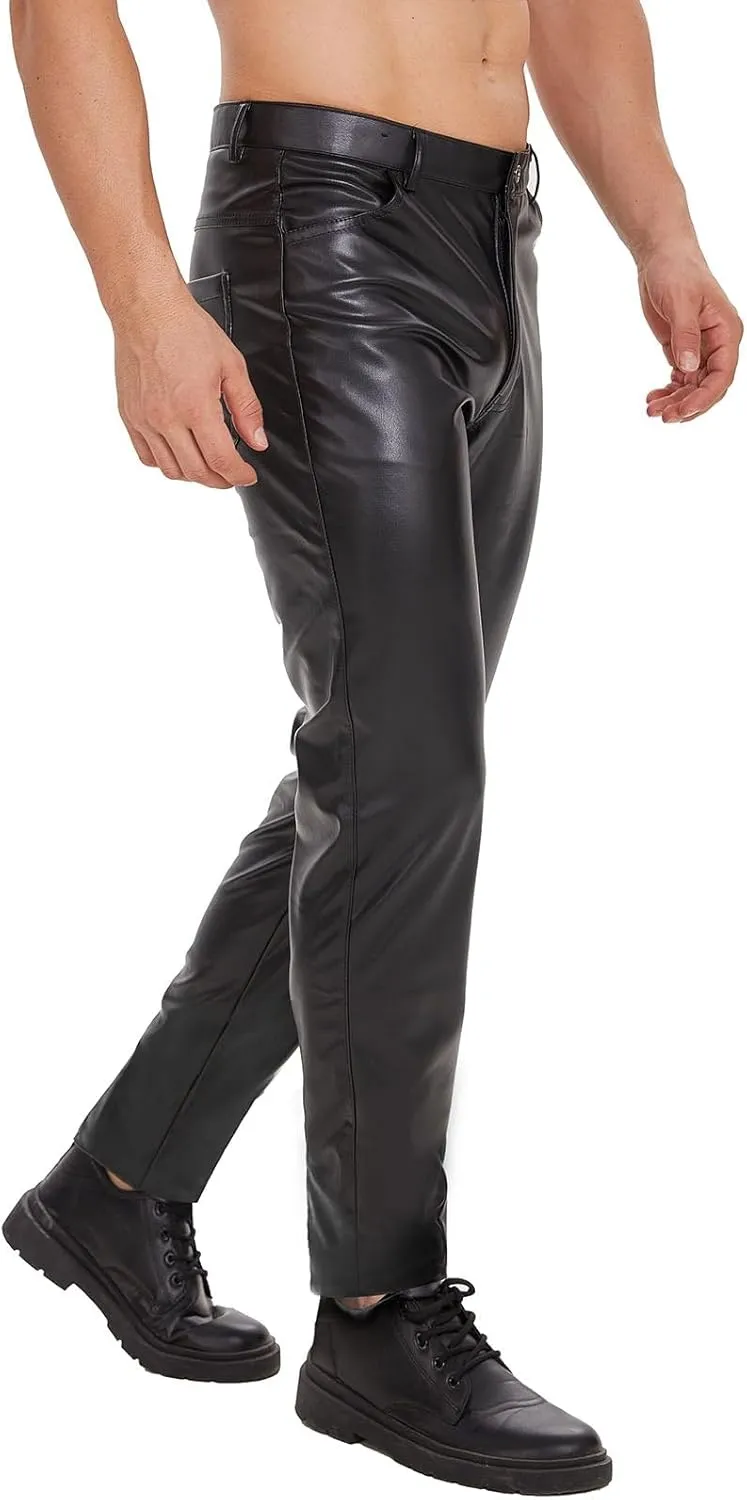 Mens Shiny Leather Pants, Soft Matte, Sexy Zipper Open Crotch, Male Casual Trousers Black