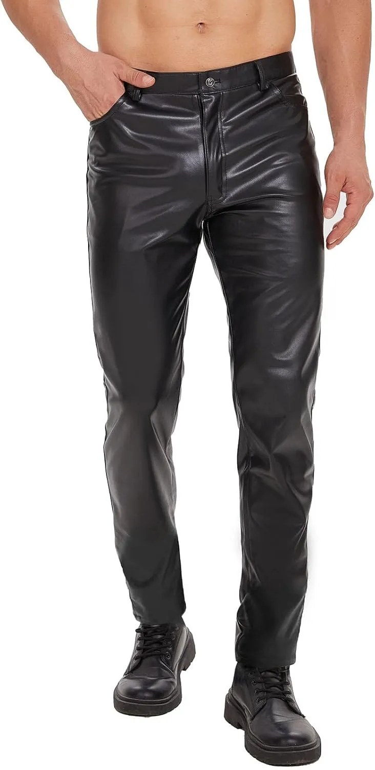 Mens Shiny Leather Pants, Soft Matte, Sexy Zipper Open Crotch, Male Casual Trousers Black