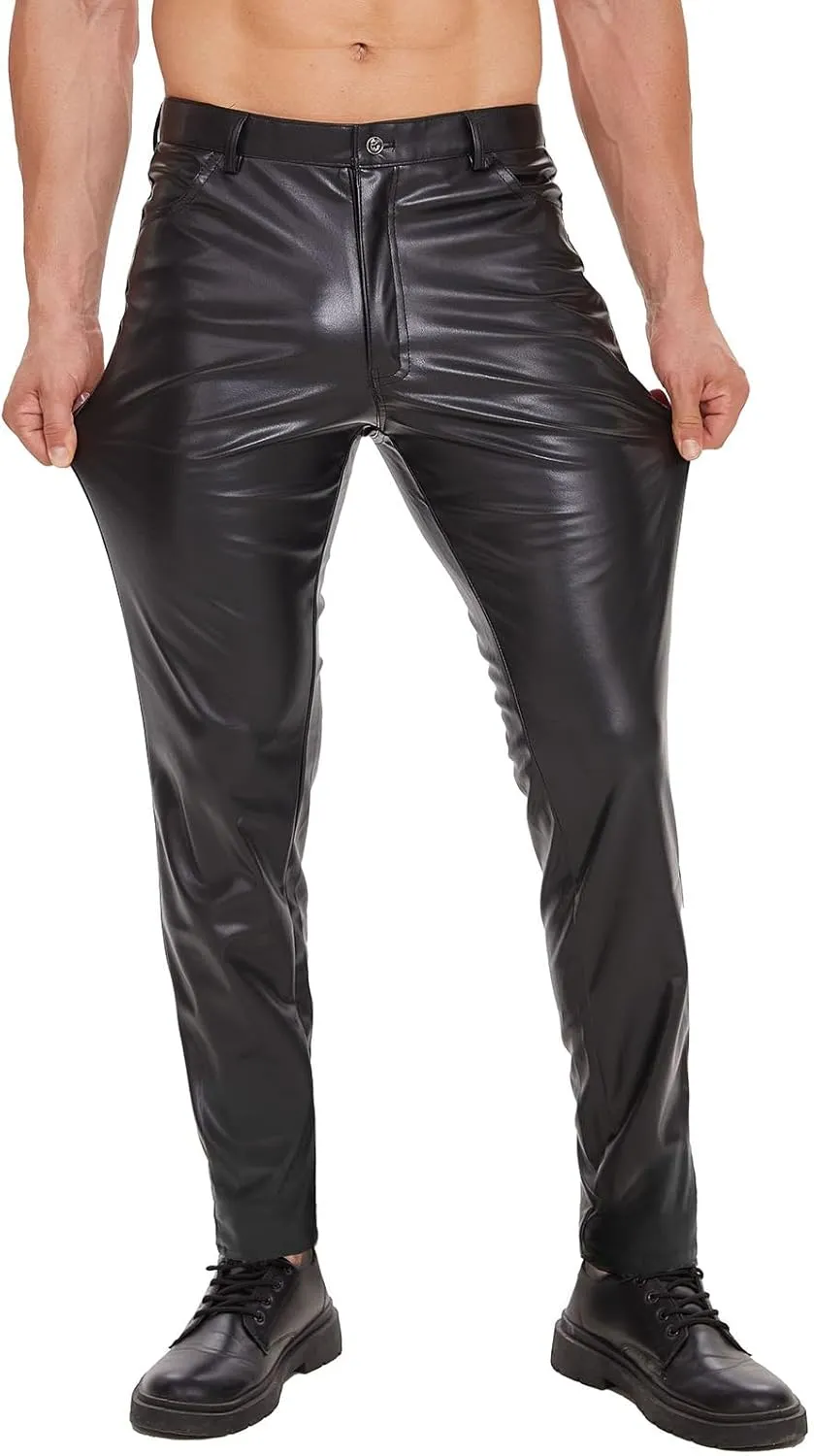 Mens Shiny Leather Pants, Soft Matte, Sexy Zipper Open Crotch, Male Casual Trousers Black
