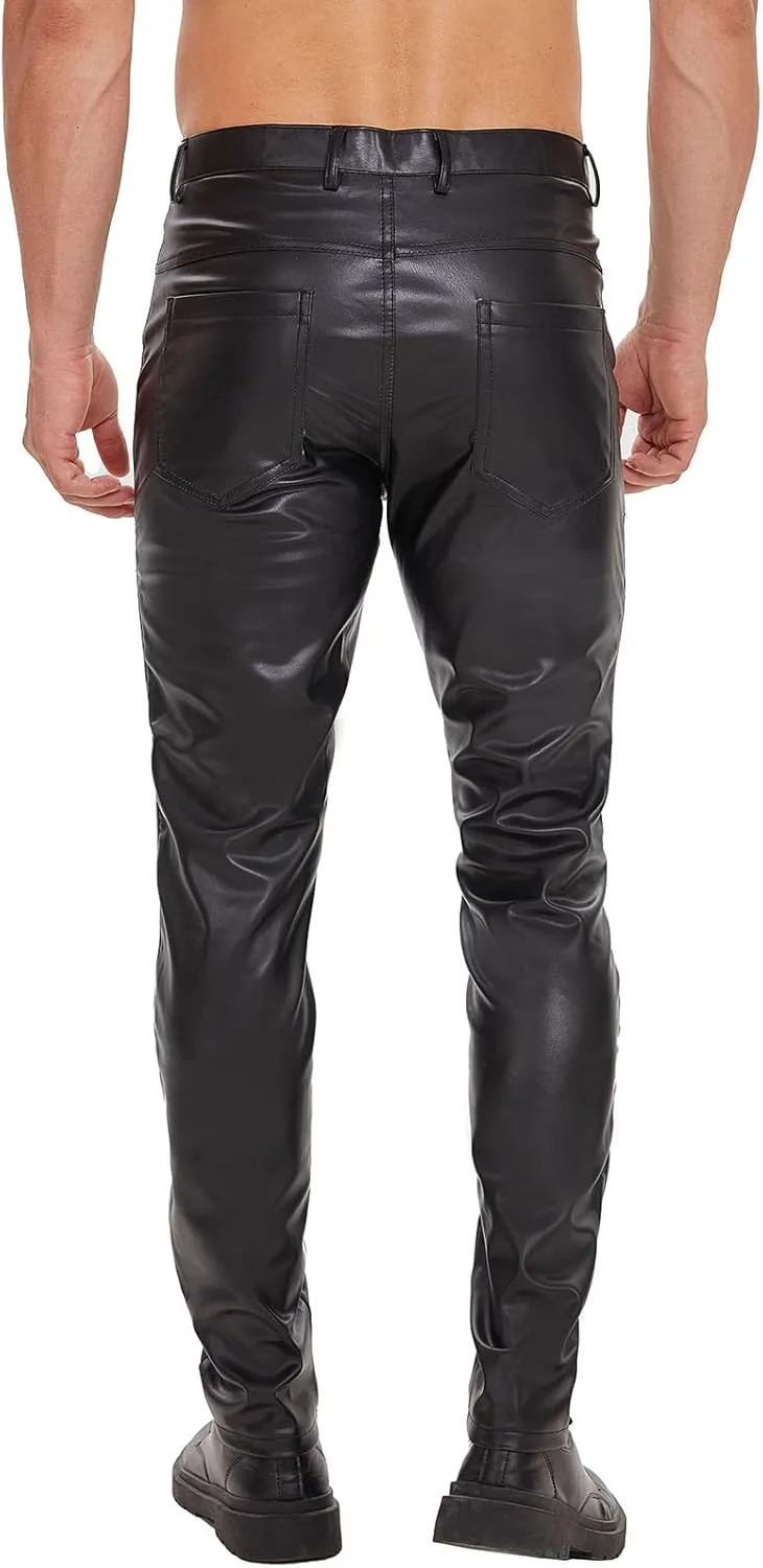 Mens Shiny Leather Pants, Soft Matte, Sexy Zipper Open Crotch, Male Casual Trousers Black