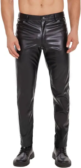Mens Shiny Leather Pants, Soft Matte, Sexy Zipper Open Crotch, Male Casual Trousers Black