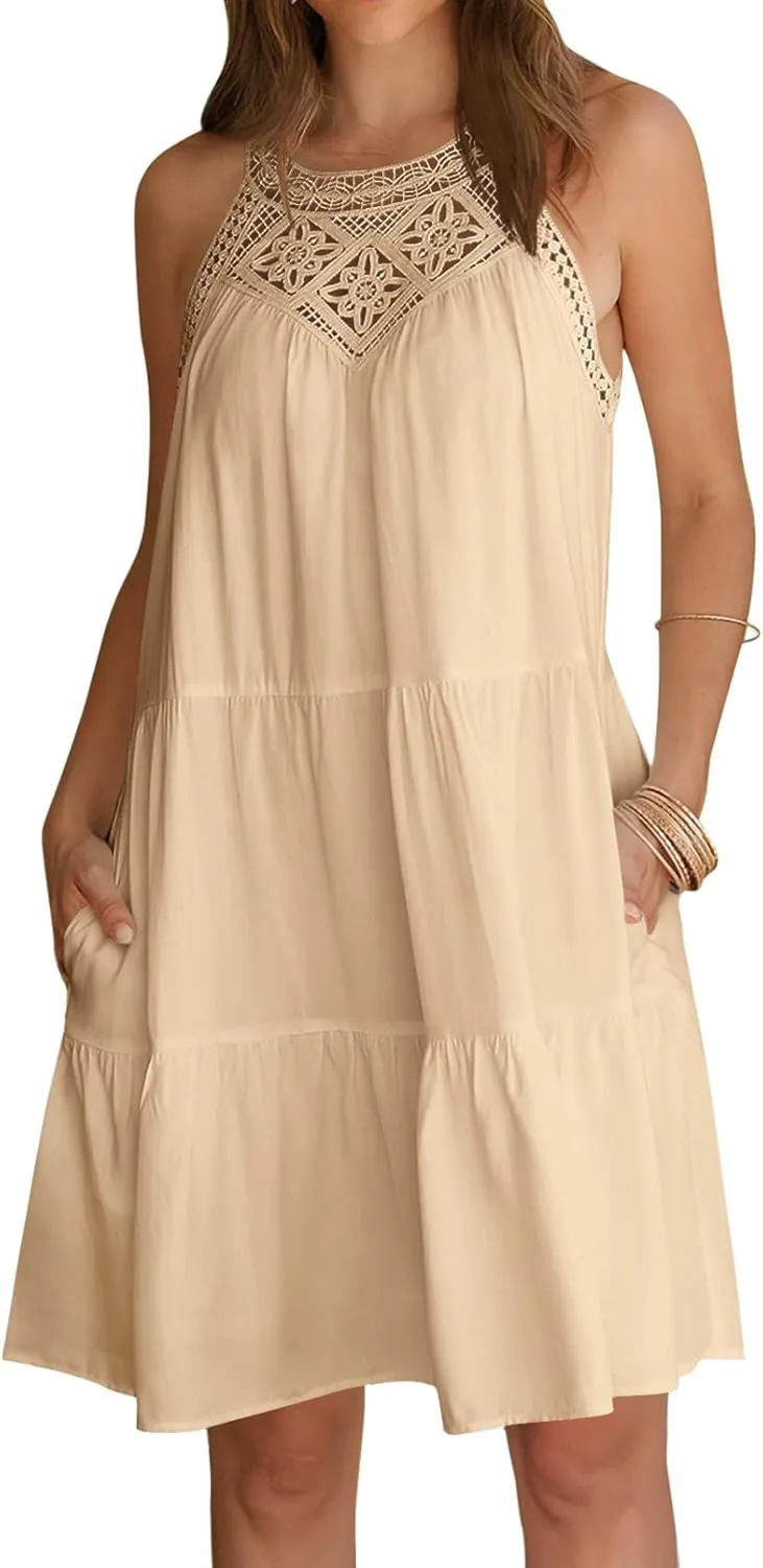MEROKEETY Women's Summer Spring Casual Halter Sundress 2025 Beach Vacation Flowy A Line Tiered Swing Mini Dresses