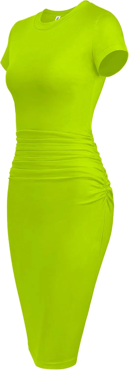 Missufeintl Women's Bodycon Ruched Short Sleeve T Shirt Midi Sundress Fitted Casual Dress