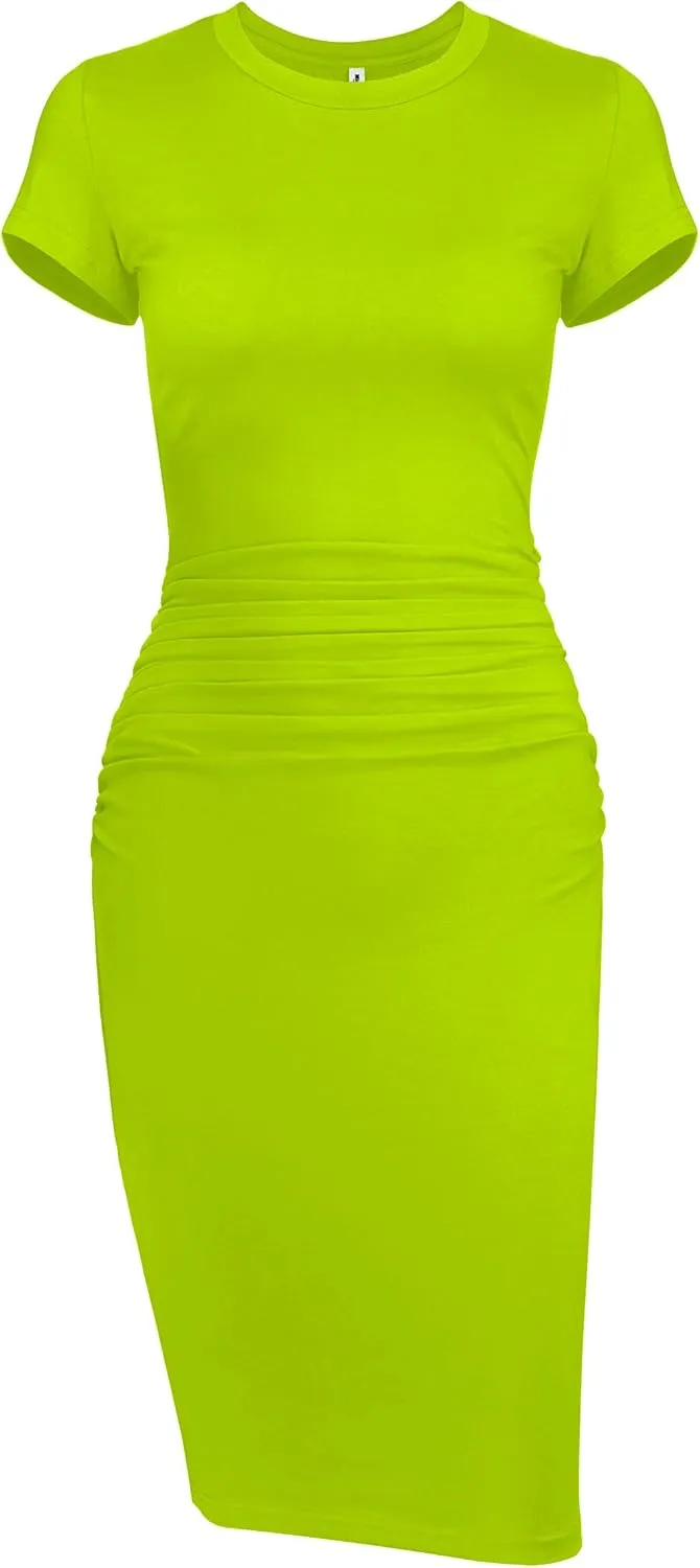 Missufeintl Women's Bodycon Ruched Short Sleeve T Shirt Midi Sundress Fitted Casual Dress