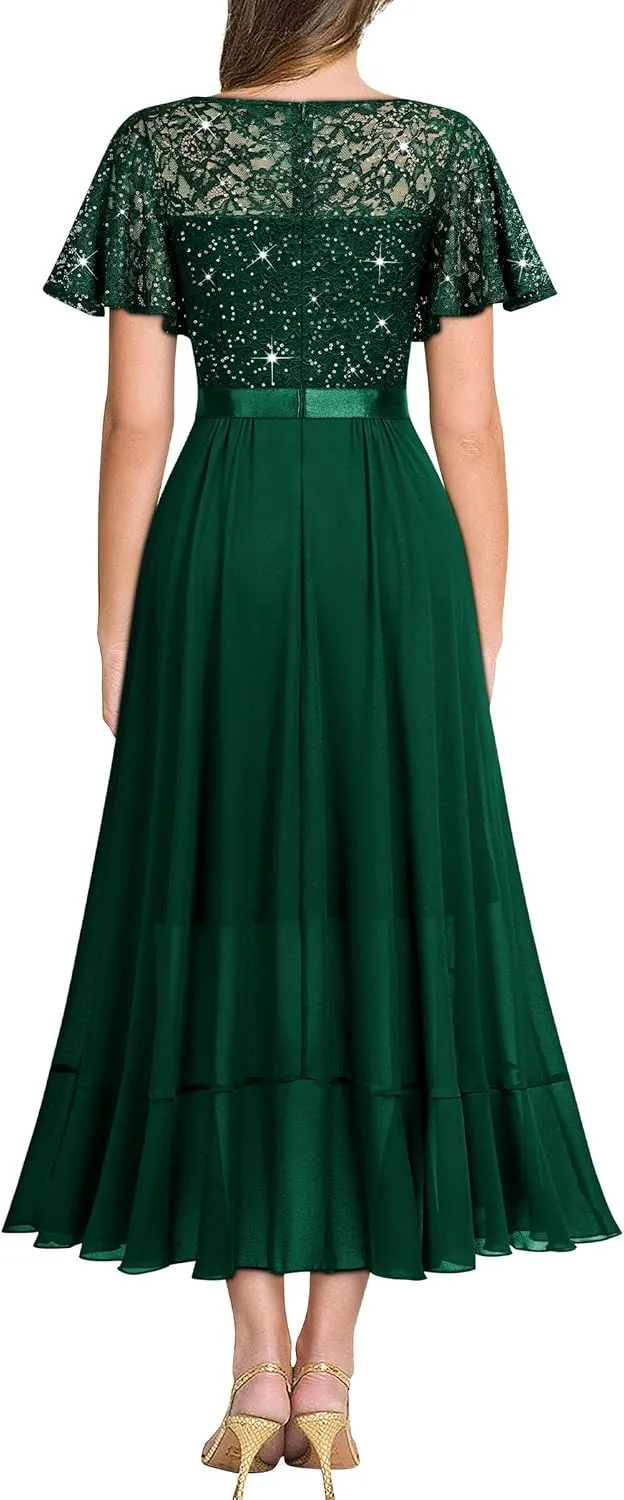 Miusol Women's Classy V-Neck Butterfly Sleeve Sequined Floral Lace Ruffle Split Bridesmaid Party Dress