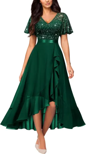 Miusol Women's Classy V-Neck Butterfly Sleeve Sequined Floral Lace Ruffle Split Bridesmaid Party Dress