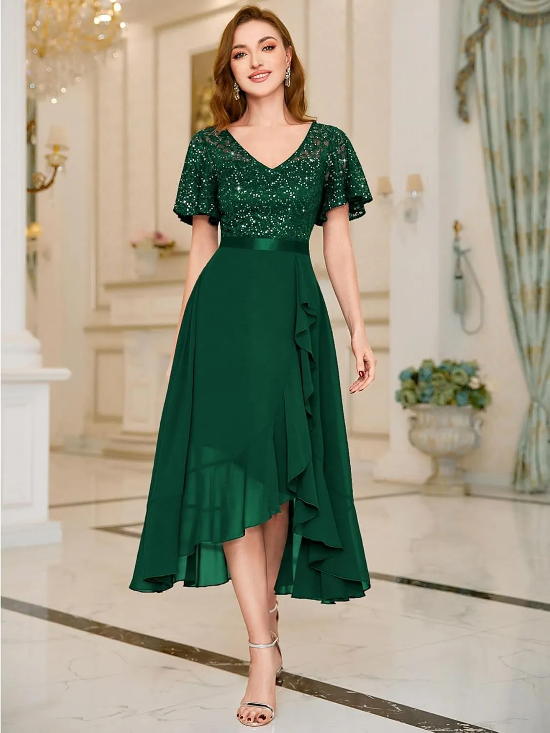 Miusol Women's Classy V-Neck Butterfly Sleeve Sequined Floral Lace Ruffle Split Bridesmaid Party Dress