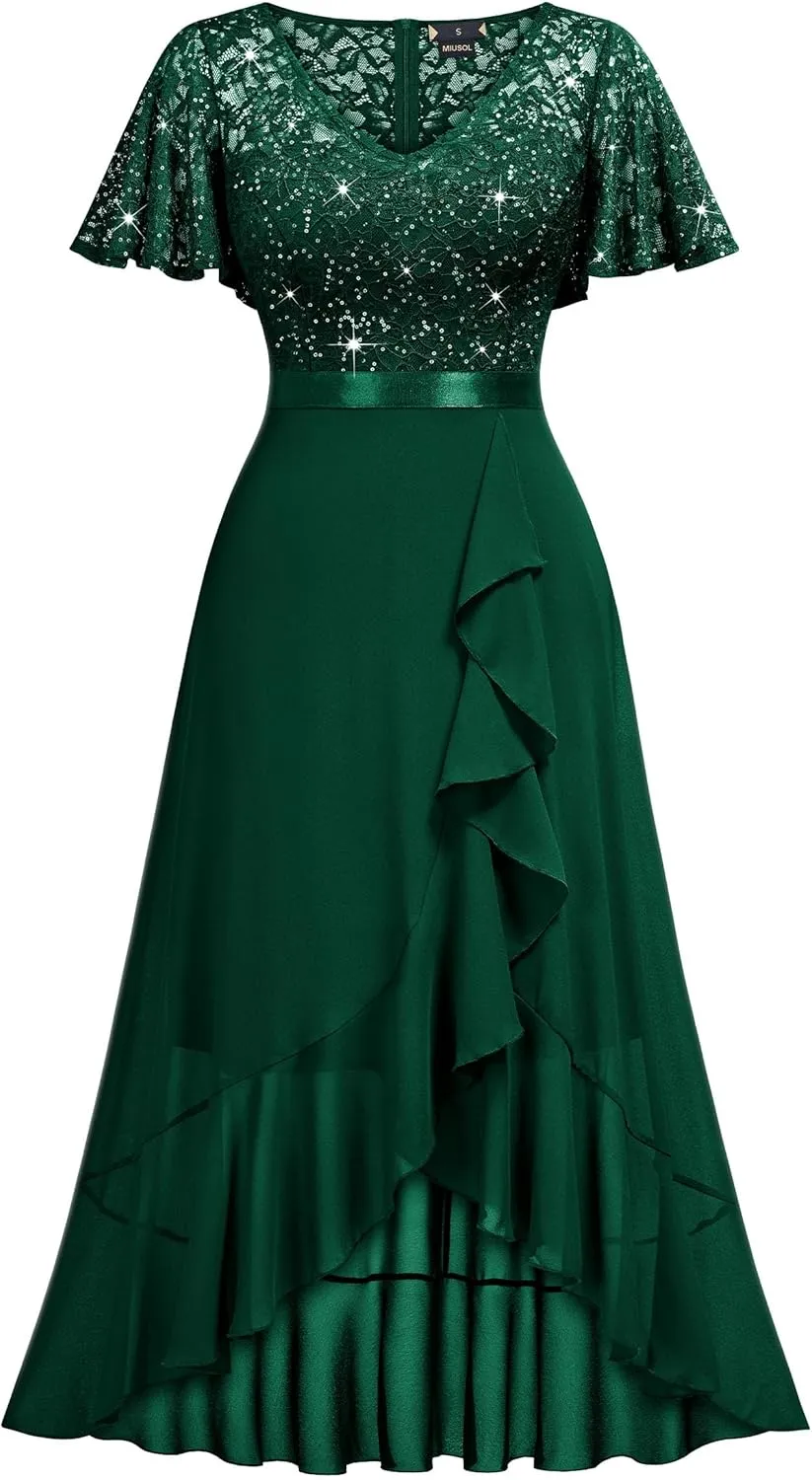 Miusol Women's Classy V-Neck Butterfly Sleeve Sequined Floral Lace Ruffle Split Bridesmaid Party Dress