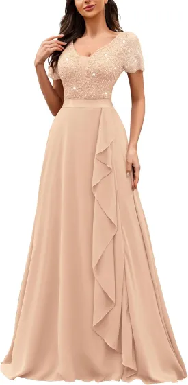 Miusol Women's Classy V-Neck Ruffle Floral Lace Hem Trim Sequined Maxi Bridesmaid Dress
