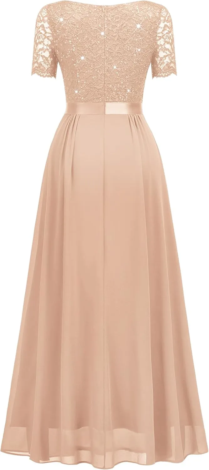 Miusol Women's Classy V-Neck Ruffle Floral Lace Hem Trim Sequined Maxi Bridesmaid Dress