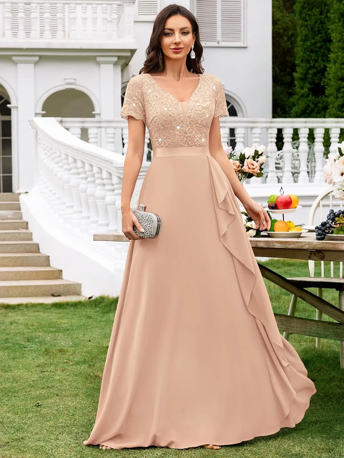Miusol Women's Classy V-Neck Ruffle Floral Lace Hem Trim Sequined Maxi Bridesmaid Dress