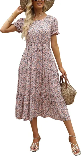 NAVINS Women Floral Print Puff Sleeve Tiered A-Line Swing Midi Dress with Pockets NA1002