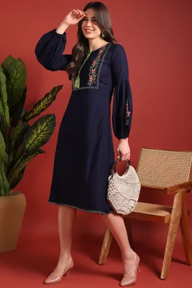 Navy Blue Silk Blend Embroidered A Line Dress