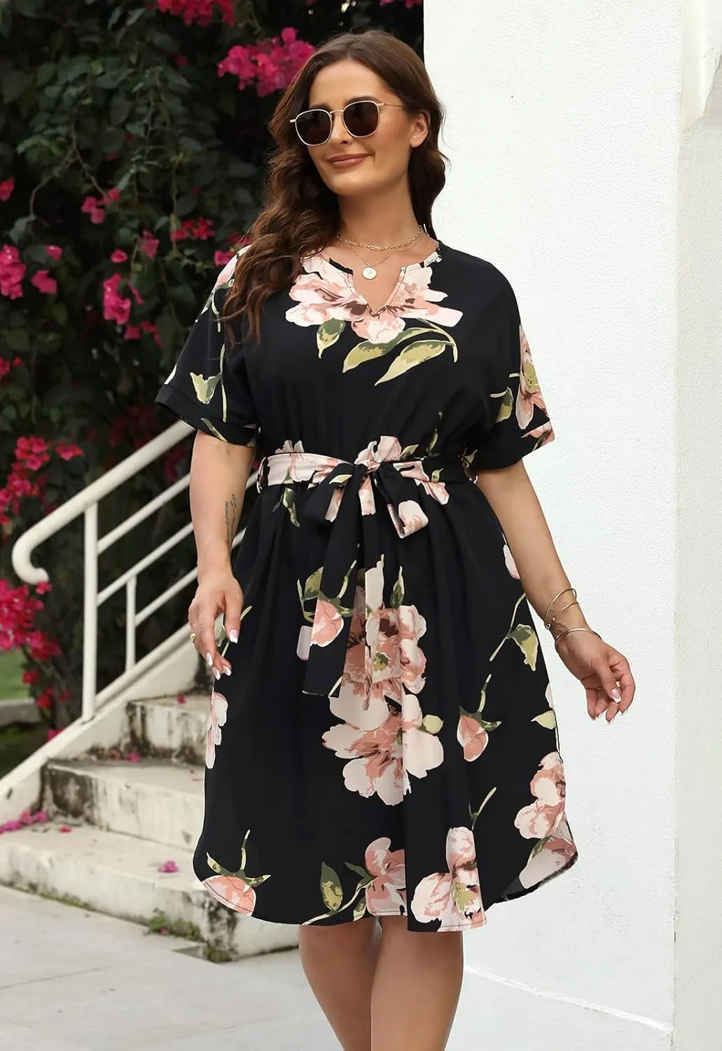 Nemidor Womens Casual Plus Size Summer Boho Floral Print Swing Midi Dress with Pockets NEM306