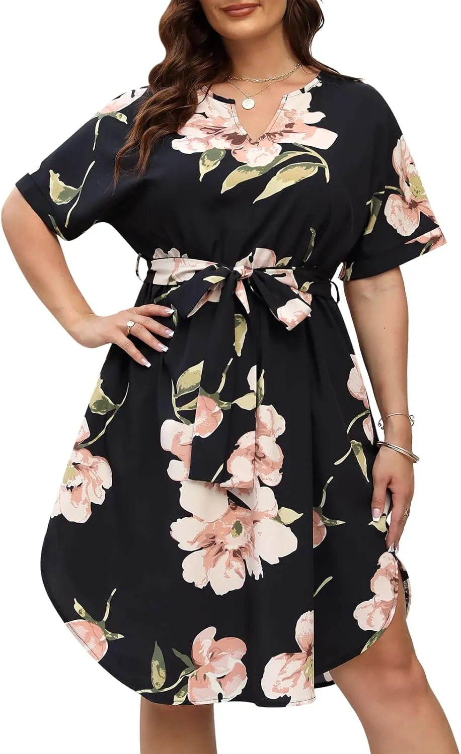 Nemidor Womens Casual Plus Size Summer Boho Floral Print Swing Midi Dress with Pockets NEM306