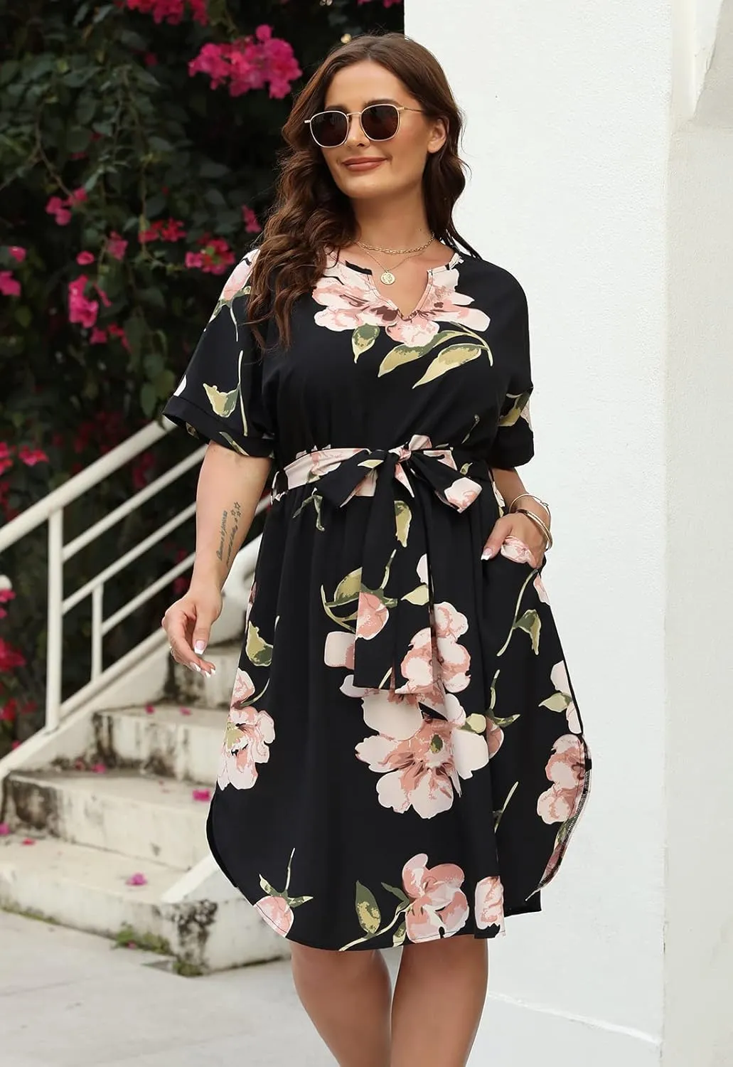 Nemidor Womens Casual Plus Size Summer Boho Floral Print Swing Midi Dress with Pockets NEM306