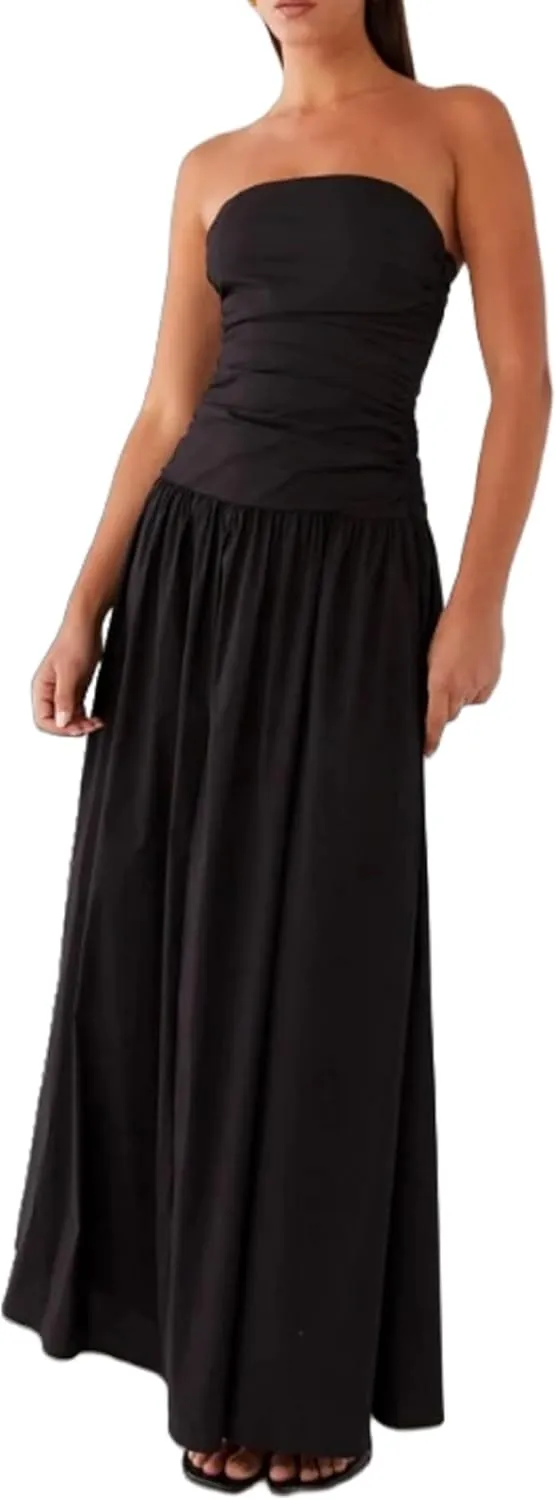 NUFIWI Women Ruched Tube Long Dress Sleeveless Bodice Top Maxi Dress Elegant Strapless A Line Summer Dresses