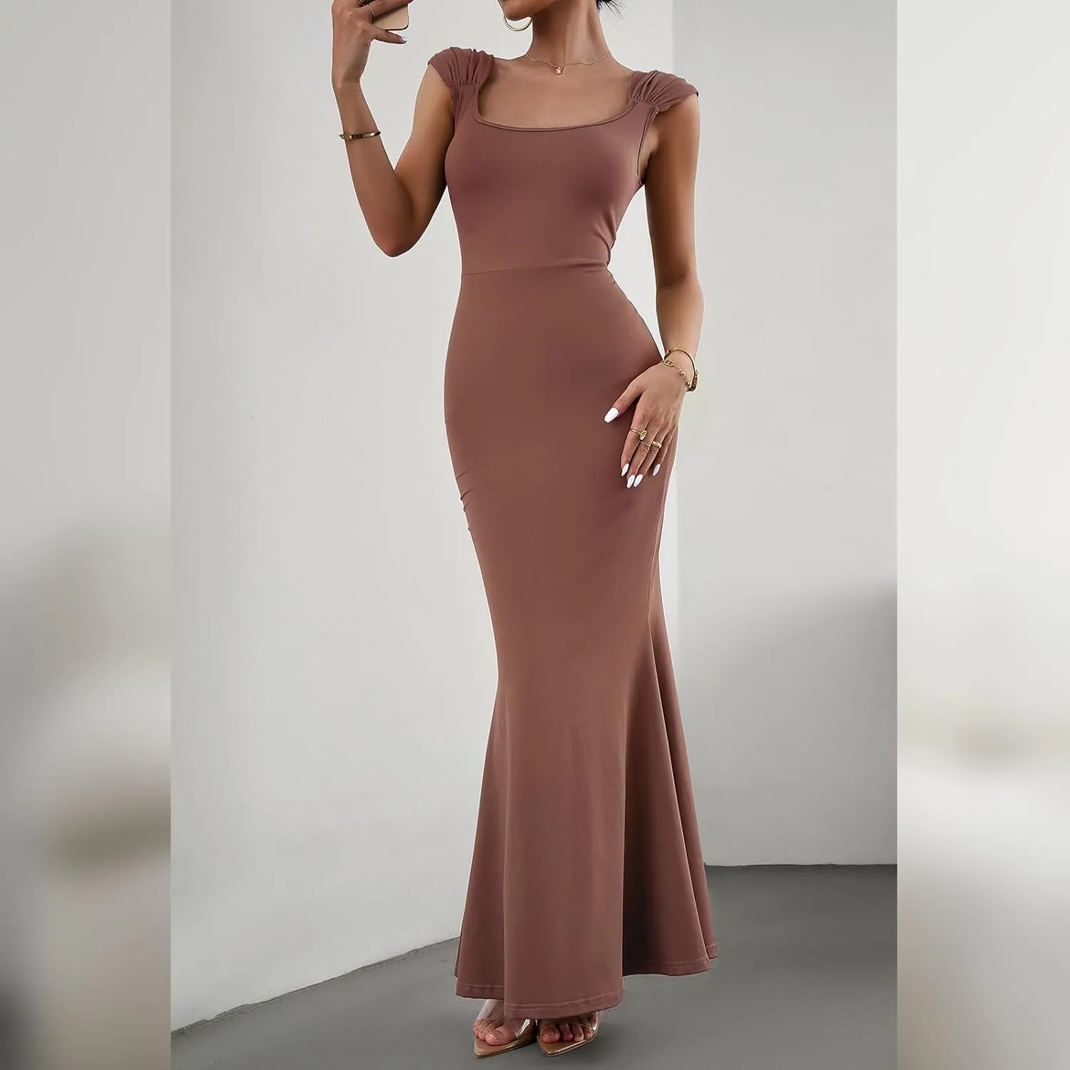 OBEEII Women Bodycon Maxi Dress Sexy Square Neck Lounge Long Dress Elegant Cap Sleeve Slim Fit Mermaid Hem Evening Dress