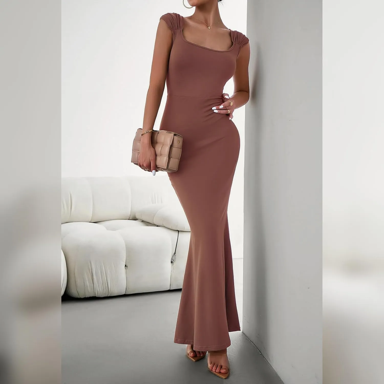 OBEEII Women Bodycon Maxi Dress Sexy Square Neck Lounge Long Dress Elegant Cap Sleeve Slim Fit Mermaid Hem Evening Dress