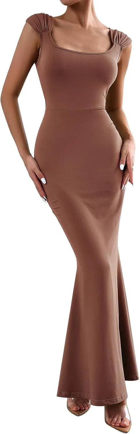 OBEEII Women Bodycon Maxi Dress Sexy Square Neck Lounge Long Dress Elegant Cap Sleeve Slim Fit Mermaid Hem Evening Dress