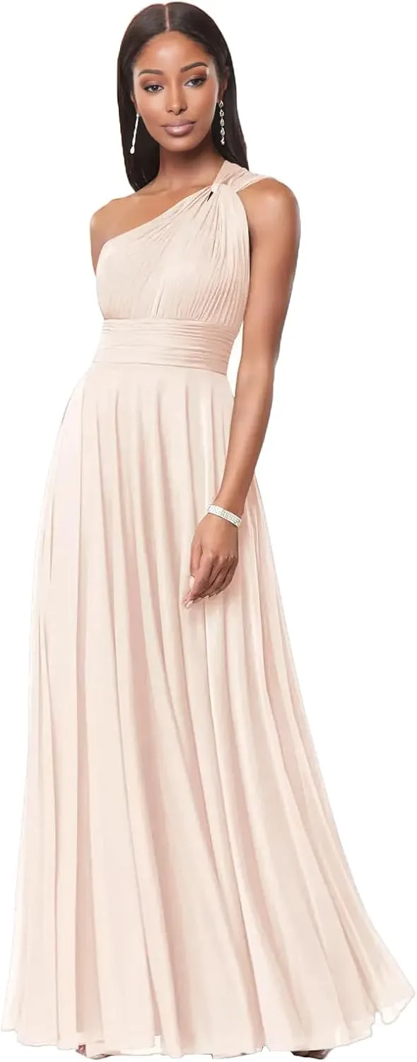 One Shoulder Bridesmaid Dresses for Women A Line Pleated Chiffon Long Formal Wedding Guest Dress with Pockets