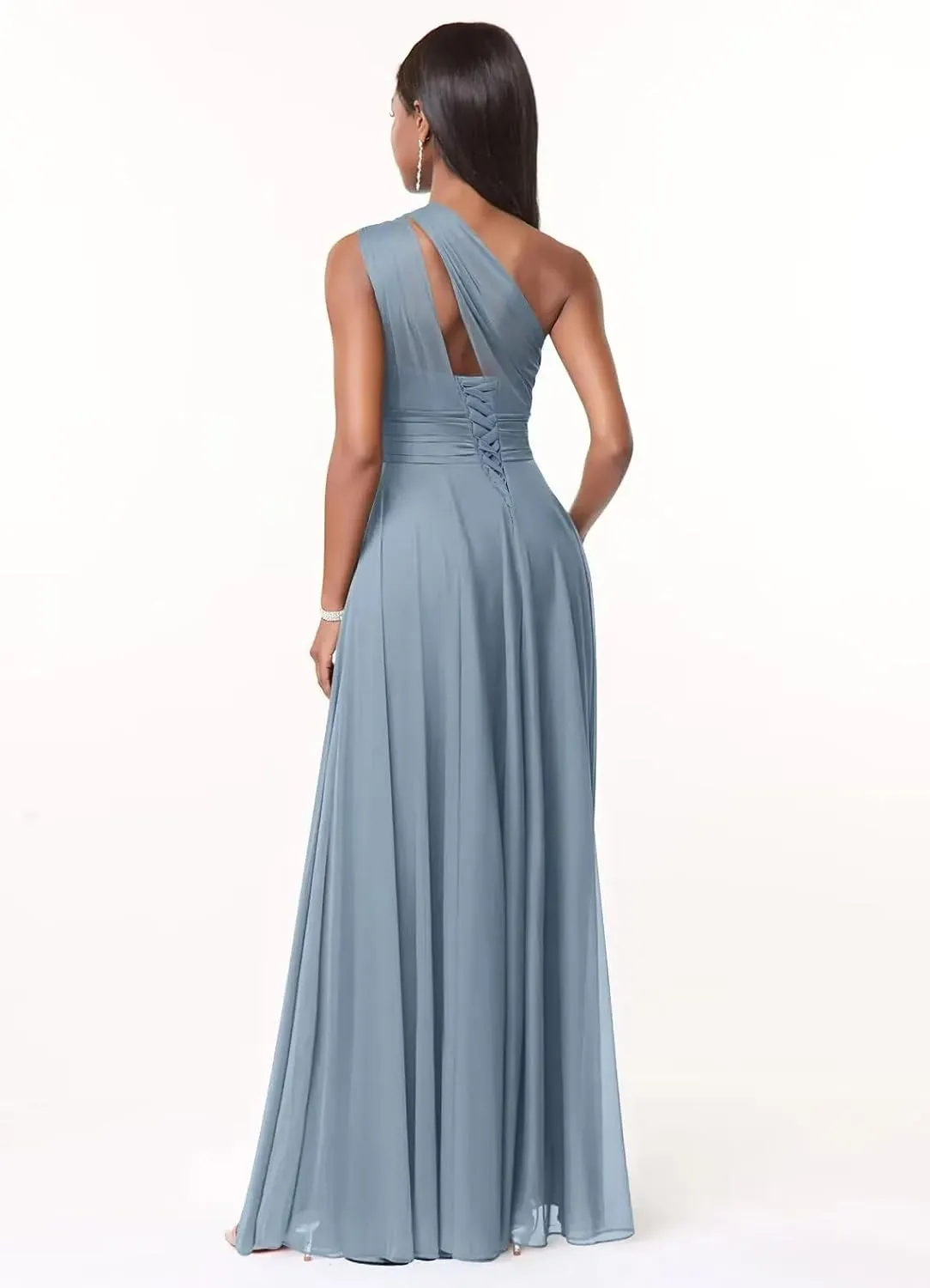 One Shoulder Bridesmaid Dresses for Women A Line Pleated Chiffon Long Formal Wedding Guest Dress with Pockets