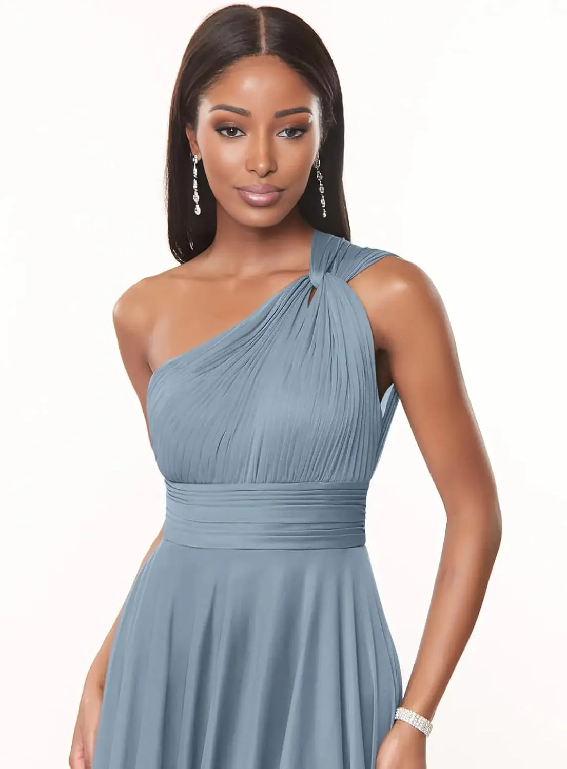 One Shoulder Bridesmaid Dresses for Women A Line Pleated Chiffon Long Formal Wedding Guest Dress with Pockets