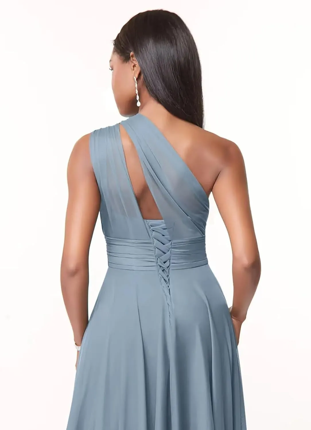 One Shoulder Bridesmaid Dresses for Women A Line Pleated Chiffon Long Formal Wedding Guest Dress with Pockets