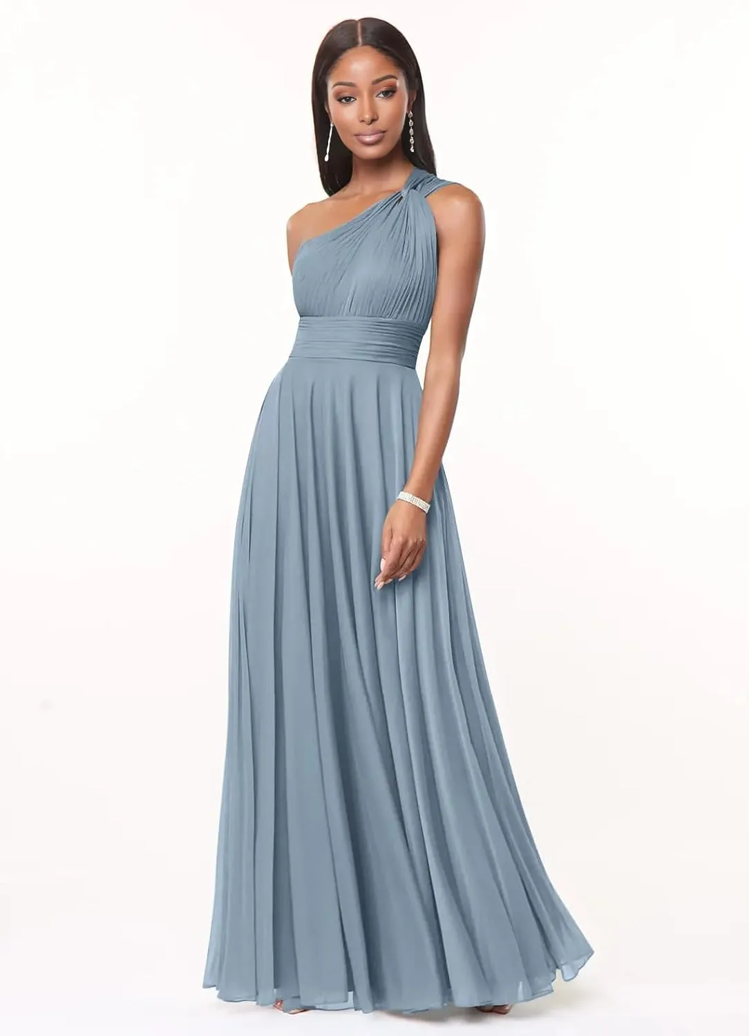 One Shoulder Bridesmaid Dresses for Women A Line Pleated Chiffon Long Formal Wedding Guest Dress with Pockets
