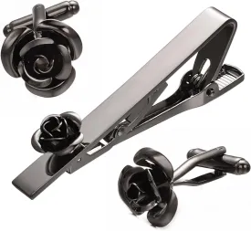 Pearl Rose Tie Clip Cufflinks Set for Men Gold Silver Gun-black Cufflinks and Tie Clip Groom Wedding Business Jewelry