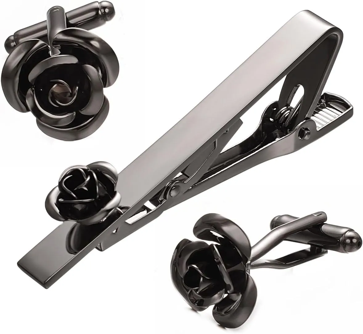 Pearl Rose Tie Clip Cufflinks Set for Men Gold Silver Gun-black Cufflinks and Tie Clip Groom Wedding Business Jewelry