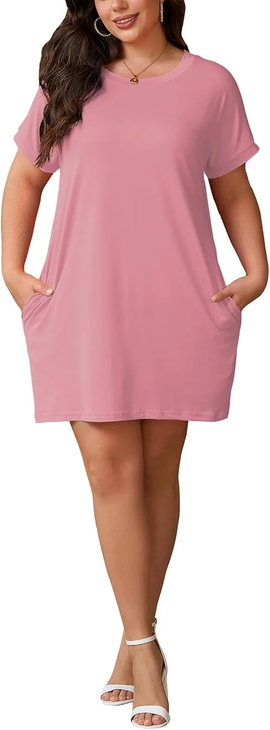 PINSV Women's Casual Summer T Shirt Dresses Short Sleeve Tunic Dress with Pockets