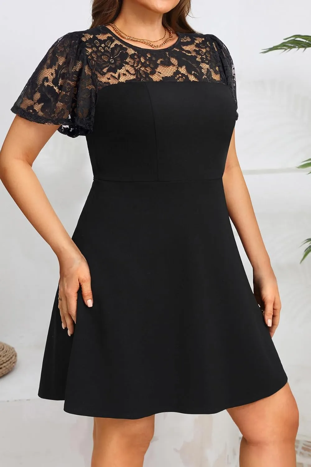 Plus Size Cocktail Dress - Lace Wedding Guest Party Crew Neck Short A Line Dresses Women